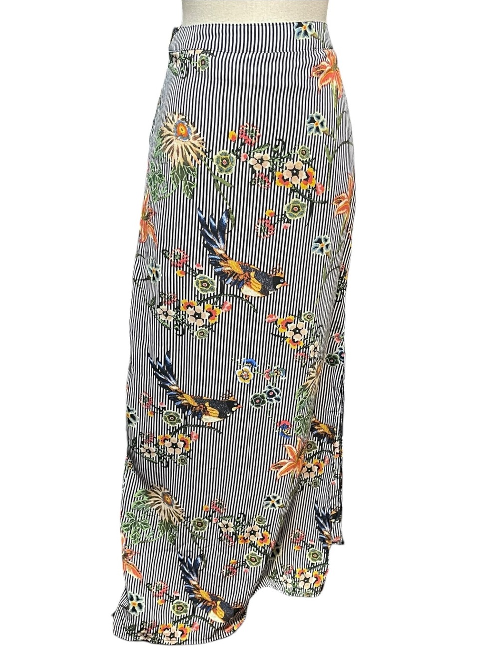 Zinzane Boutique Stripe Floral Bird Whimsical Print Maxi Flowy Skirt Women's 12